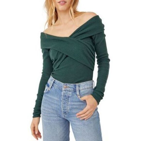 Free People Marley Off-The-Shoulder Twist Top In Deep Spruce - S - Picture 2 of 3